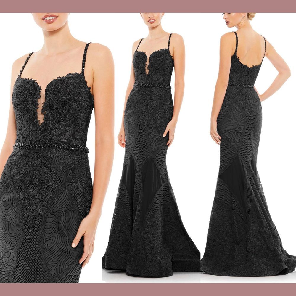 NWT Mac Duggal [ 4 ] 79082 Embroidered Sleeveless Plunge Neck Trumpet Gown Black